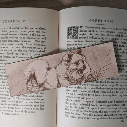A rectangular leather bookmark with the historical art of a Pomeranian dog engraved on it. The bookmark is resting on the pages of an open book. Leather Pomeranian Bookmark Bookmarks Raven King Crafts Leather Pomeranian Bookmark Bookmarks Raven King Crafts