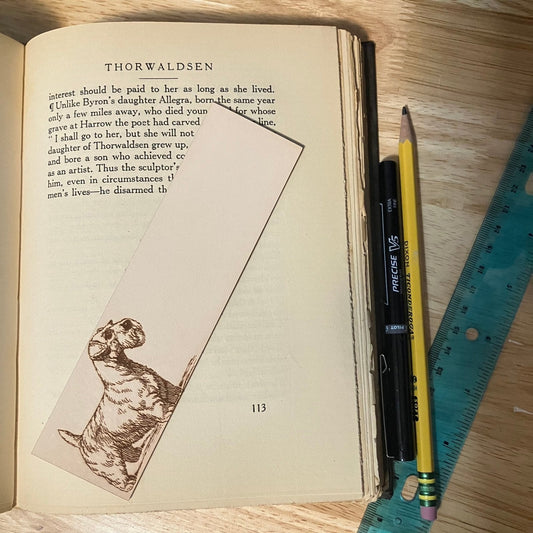 A rectangular leather bookmark with the historical art of a Sealy Terrier engraved on it. Leather Sealyham Terrier Bookmark (toy dog) Bookmarks Raven King Crafts Leather Sealyham Terrier Bookmark (toy dog) Bookmarks Raven King Crafts