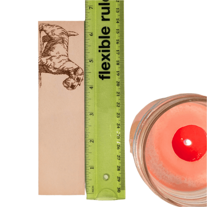 Sealyham terrier bookmark next to a ruler to show scale. Leather Sealyham Terrier Bookmark (toy dog) Bookmarks Raven King Crafts Leather Sealyham Terrier Bookmark (toy dog) Bookmarks Raven King Crafts