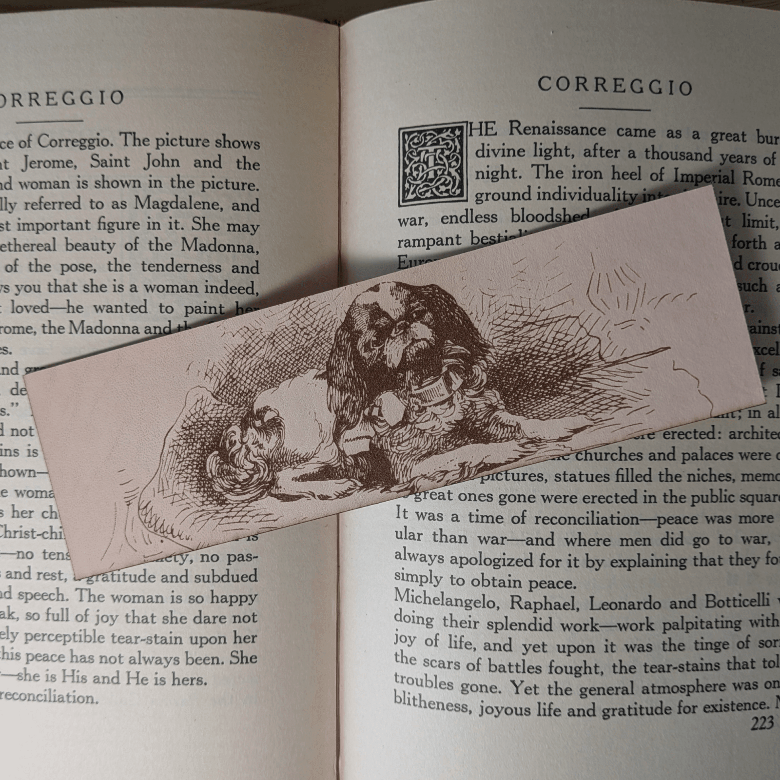 A rectangular leather bookmark with the historical art of a small spaniel dog engraved on it. The bookmark is resting on the pages of an open book. Leather Spaniel Bookmark Bookmarks Raven King Crafts Leather Spaniel Bookmark Bookmarks Raven King Crafts