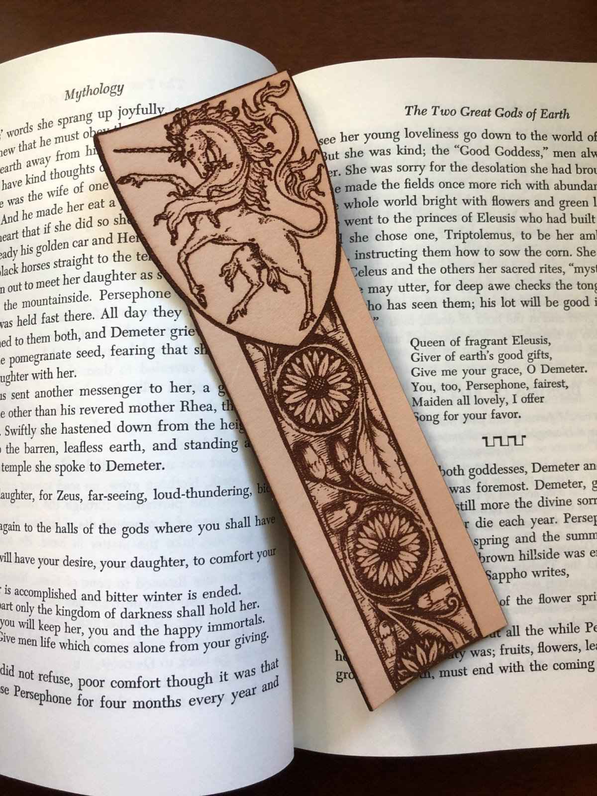 A leather bookmark engraved with the antique art of a unicorn. Leather Unicorn Bookmark Bookmarks Raven King Crafts