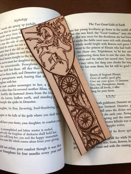 A leather bookmark engraved with the antique art of a unicorn. Leather Unicorn Bookmark Bookmarks Raven King Crafts