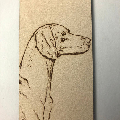 Leather Vizsla Bookmark close up to show the grain of the leather.