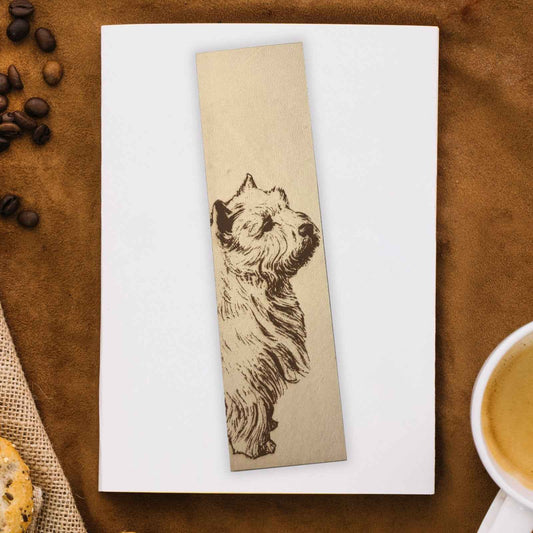 This leather bookmark is engraved with teh art of a West Terrier on it. Leather West Terrier Bookmark Bookmarks Raven King Crafts