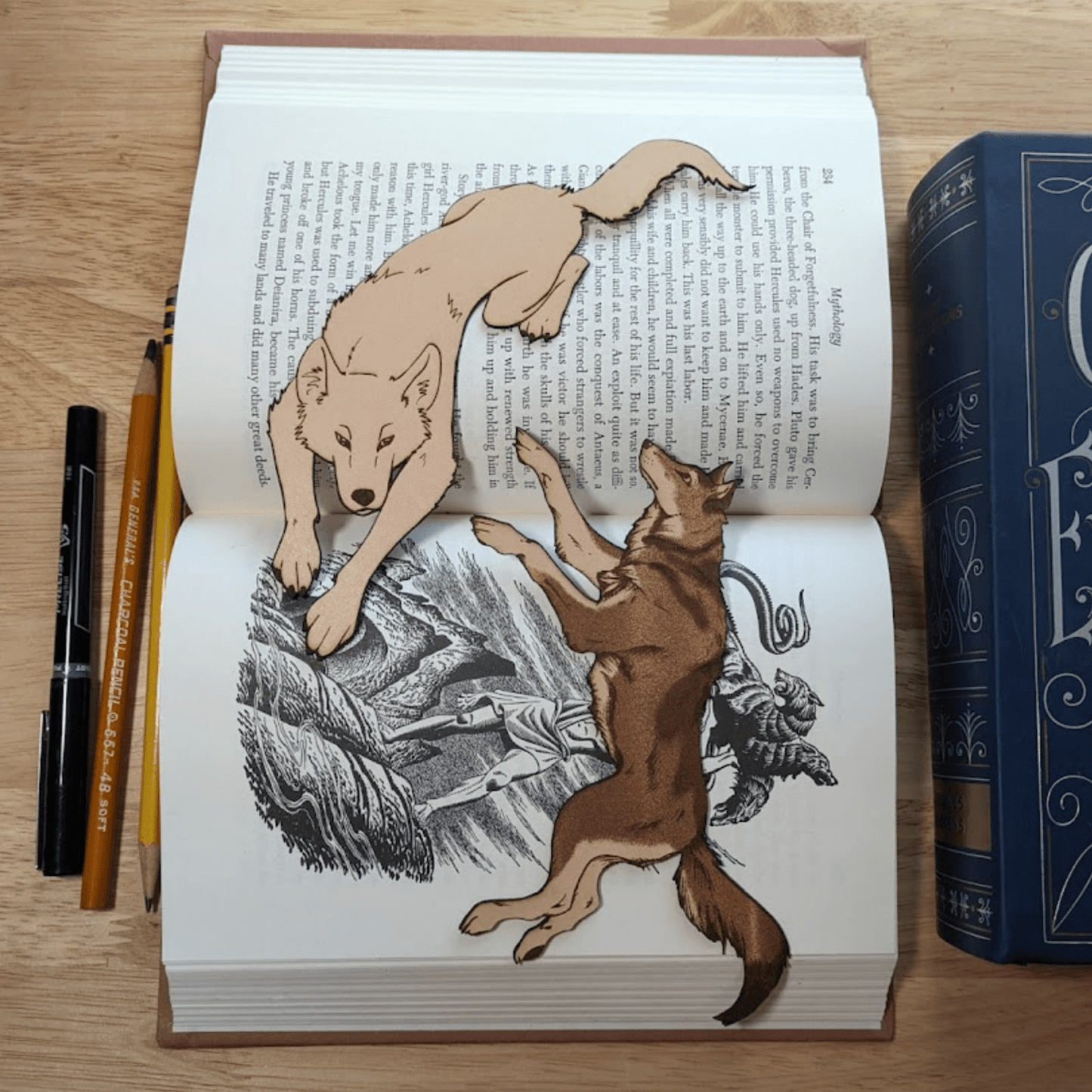 A photograph of both wolf bookmarks. Leather Wolf Bookmark Bookmarks Raven King Crafts Leather Wolf Bookmark - Unique Book Guardian for Book Lovers Bookmarks Raven King Crafts