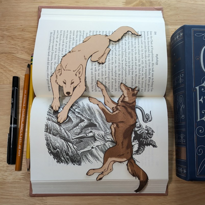 A photograph of both wolf bookmarks.