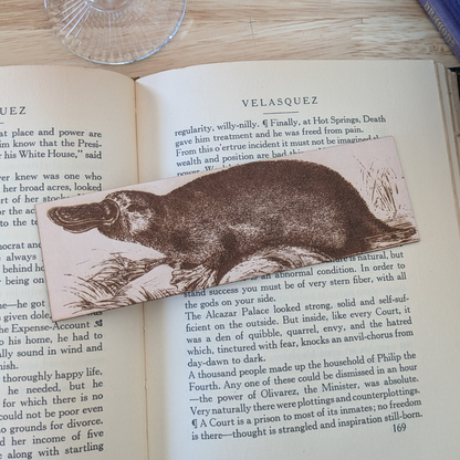 A photograph of a leather bookmark engraved with the antique art of a platypus on it. The bookmark is resting on the pages of an open book. 