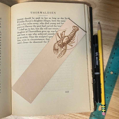 A photograph of historical lobster leather bookmark resting on the pages of an open book. Lobster Bookmark Bookmarks Raven King Crafts