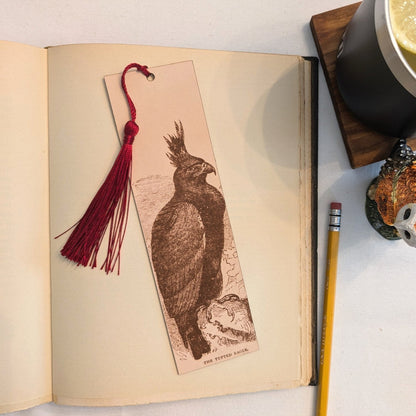 This leather bookmark has the antique art of a long crested tuffed eagle engraved on it. Long Crested Eagle Bookmark - Leather Historical Bookmarks Raven King Crafts