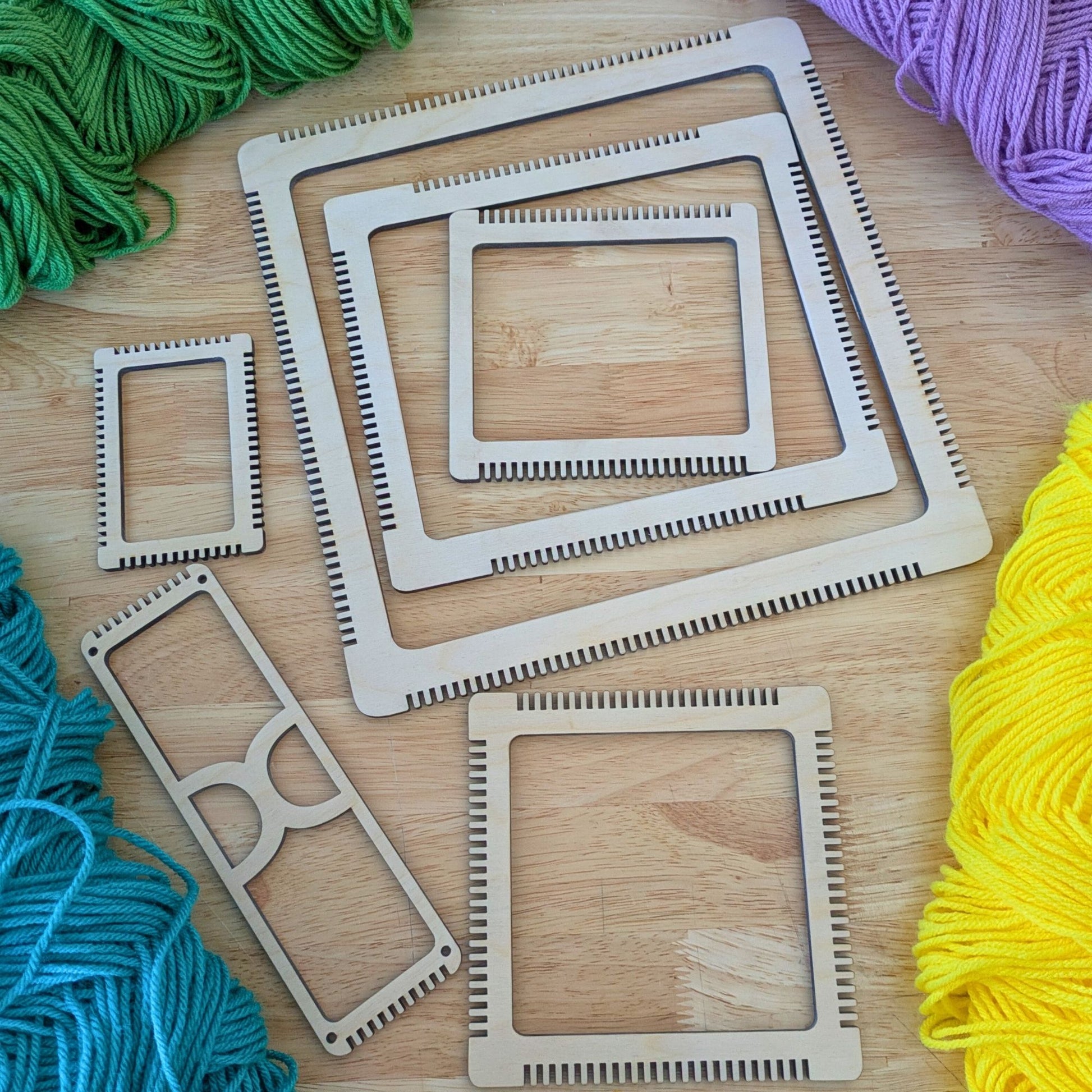 A photograph of some of our wooden frame looms.