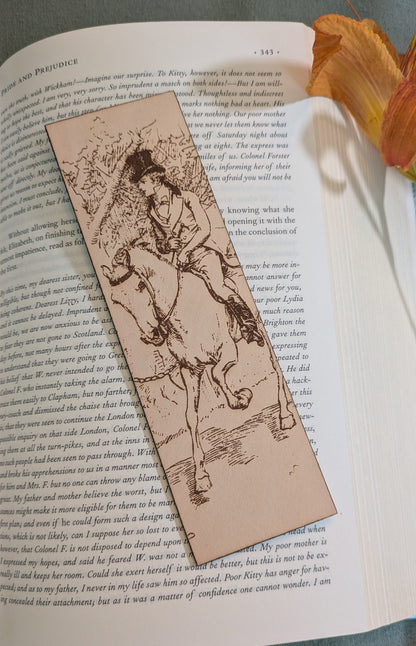 Leather bookark of Mr. Bingley, from the Jane Austen novel Pride and Prejudice, on horseback. Mr. Darcy and Mr. Bingley on horseback bookmarks Bookmarks Raven King Crafts Mr. Darcy and Mr. Bingley on horseback bookmarks Bookmarks Raven King Crafts
