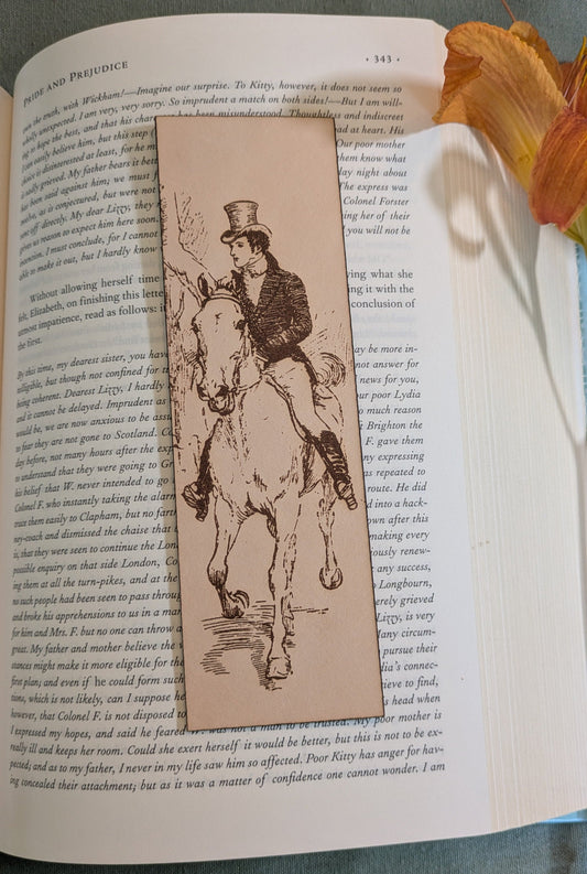 Leather Bookmark of Mr. Darcy, from Jane Austen's Pride and Prejudice, on horseback. Mr. Darcy and Mr. Bingley on horseback bookmarks Bookmarks Raven King Crafts