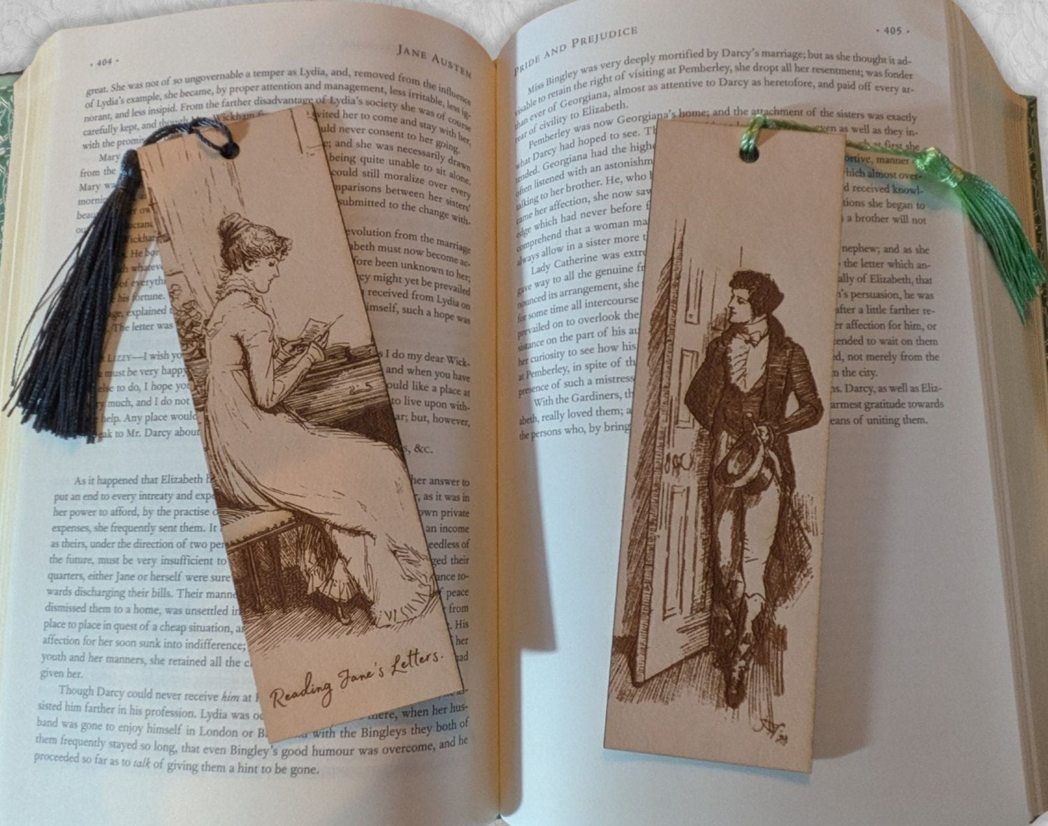 Bookmarks of Elizabeth reading Jane's letters and Darcy walking in to confess to Lizzy. Both illustrations are from some early publishments of Pride and Prejudice by Jane Austen. Mr. Darcy & Elizabeth Bennet Leather Bookmarks - Pride and Prejudice Leather Bookmarks Bookmarks Raven King Crafts Mr. Darcy & Elizabeth Bennet Leather Bookmarks - Pride and Prejudice Leather Bookmarks Bookmarks Raven King Crafts
