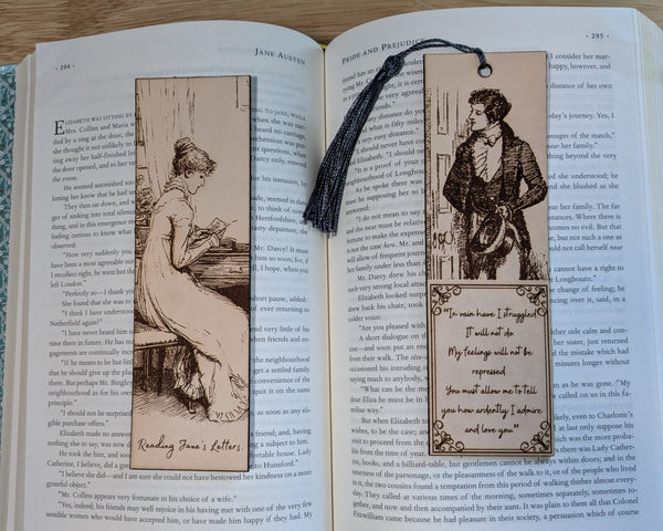 Elizabeth reading Jane's letters on the left bookmark and Mr. Darcy confession on the right. Mr. Darcy's Confession and Lizzy Reading - Pride and Prejudice Leather Bookmarks Bookmarks Raven King Crafts