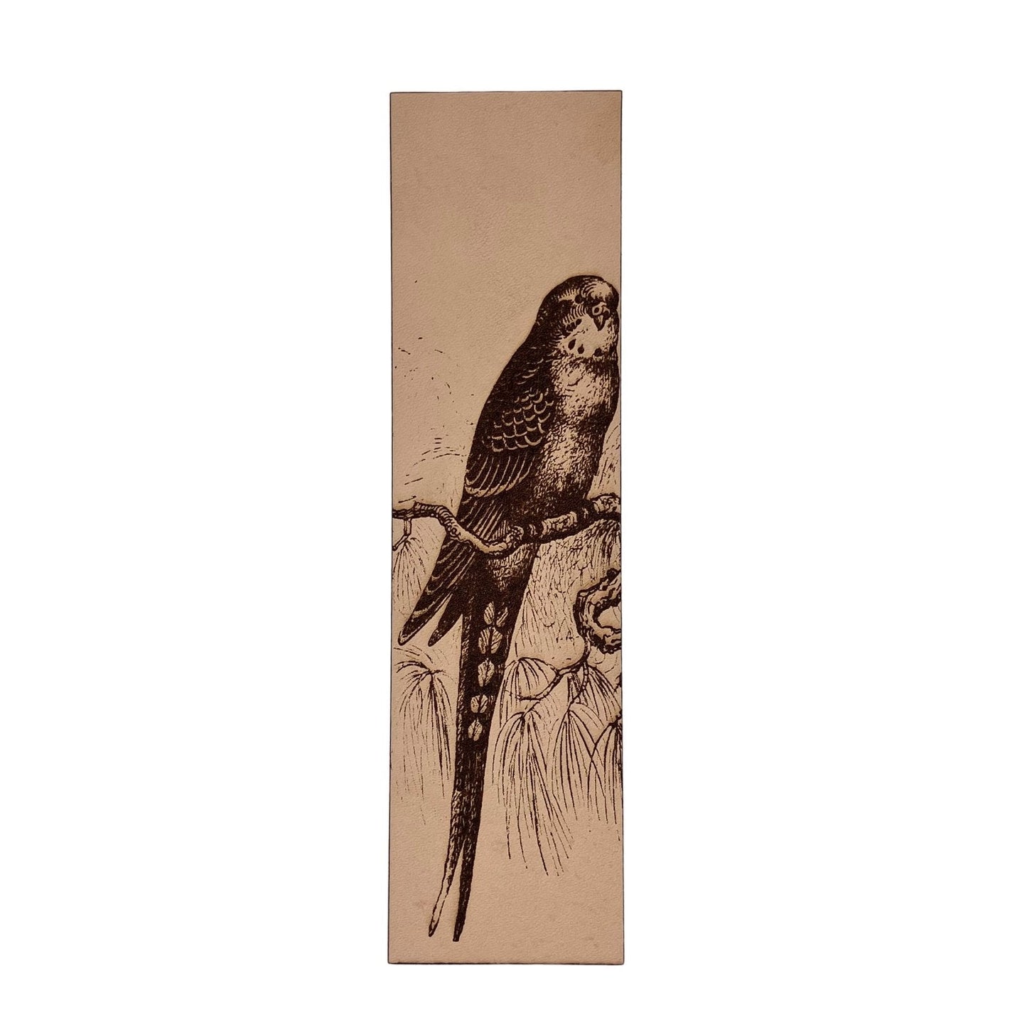 A photograph of historical parakeet leather bookmark. Parakeet Bookmark - Leather Bookmarks Raven King Crafts
