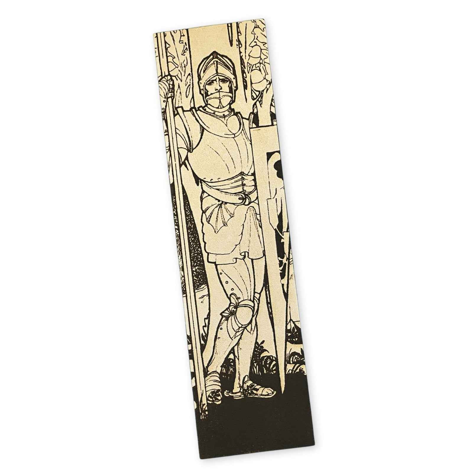 A leather bookmark with the antique art of a knight wearing plate armor engraved on it. Plate Armored Knight Leather Bookmark Bookmarks Raven King Crafts