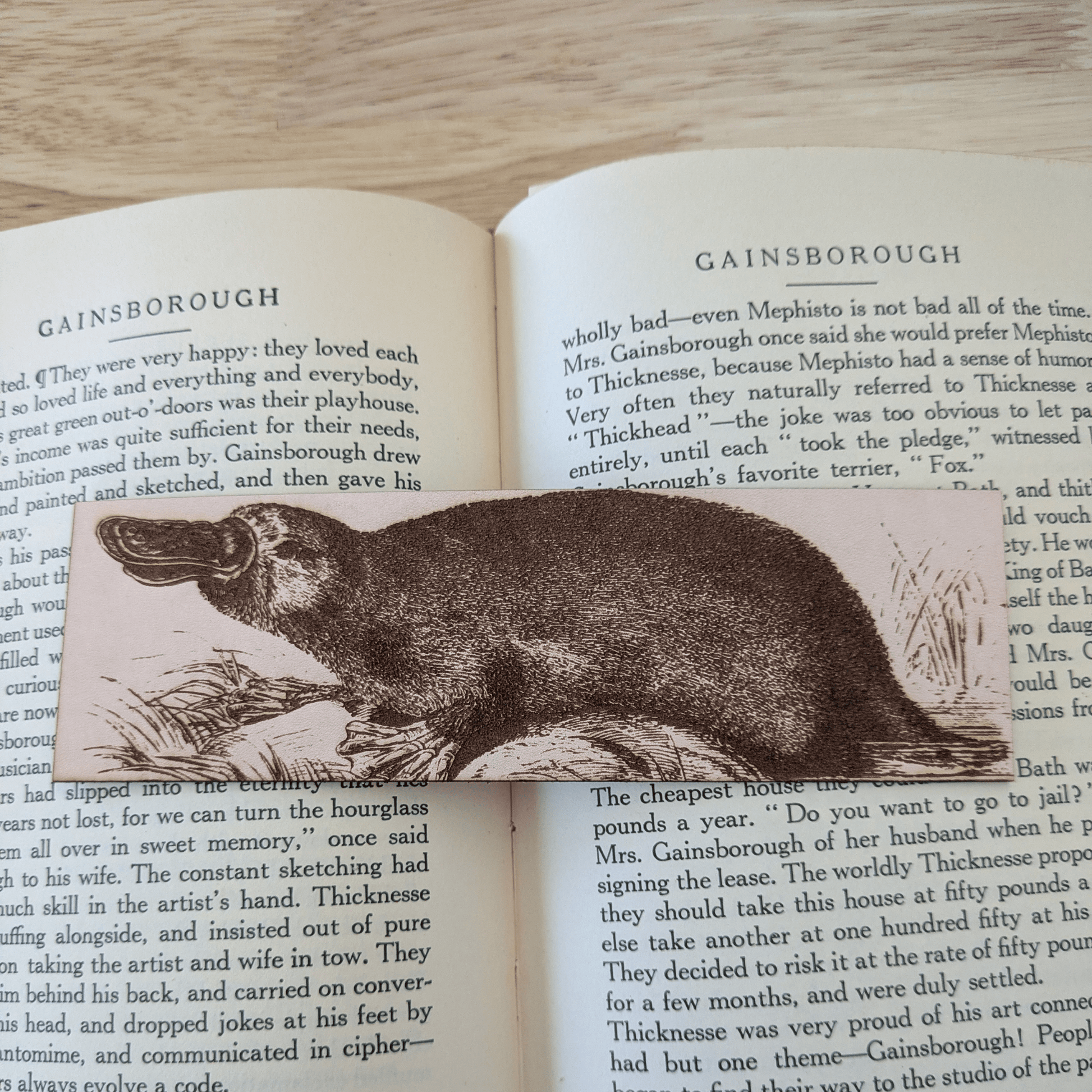 A photograph of a leather bookmark engraved with the antique art of a platypus on it. The bookmark is resting on a book.