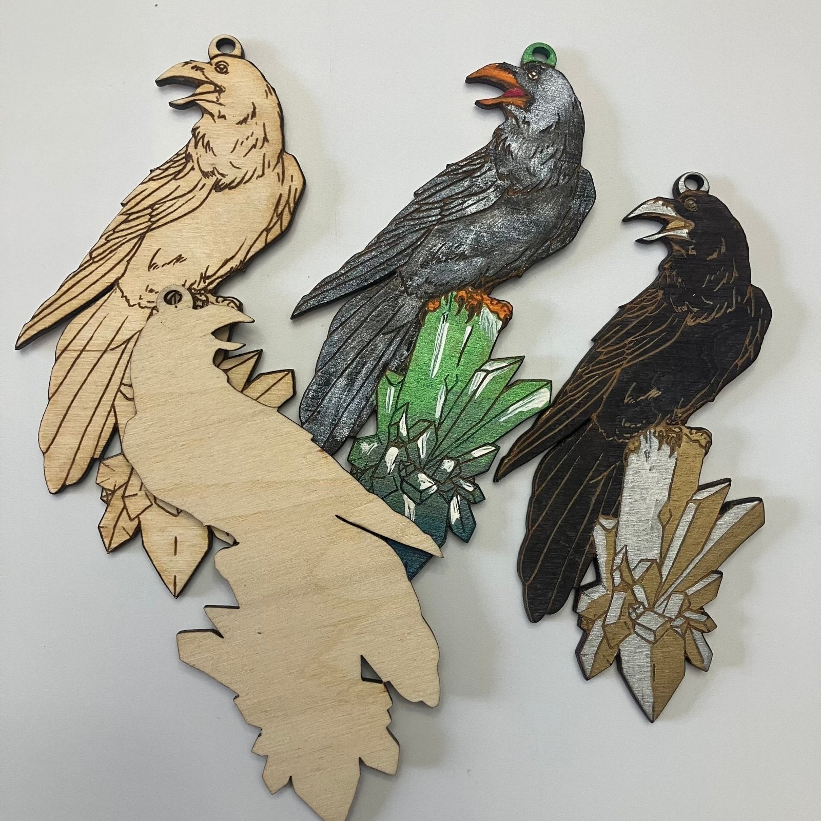 Wood Raven Ornament (Blank / DIY) Raven with a Crystal Shaped Wooden Ornaments Art & Craft Kits Raven King Crafts