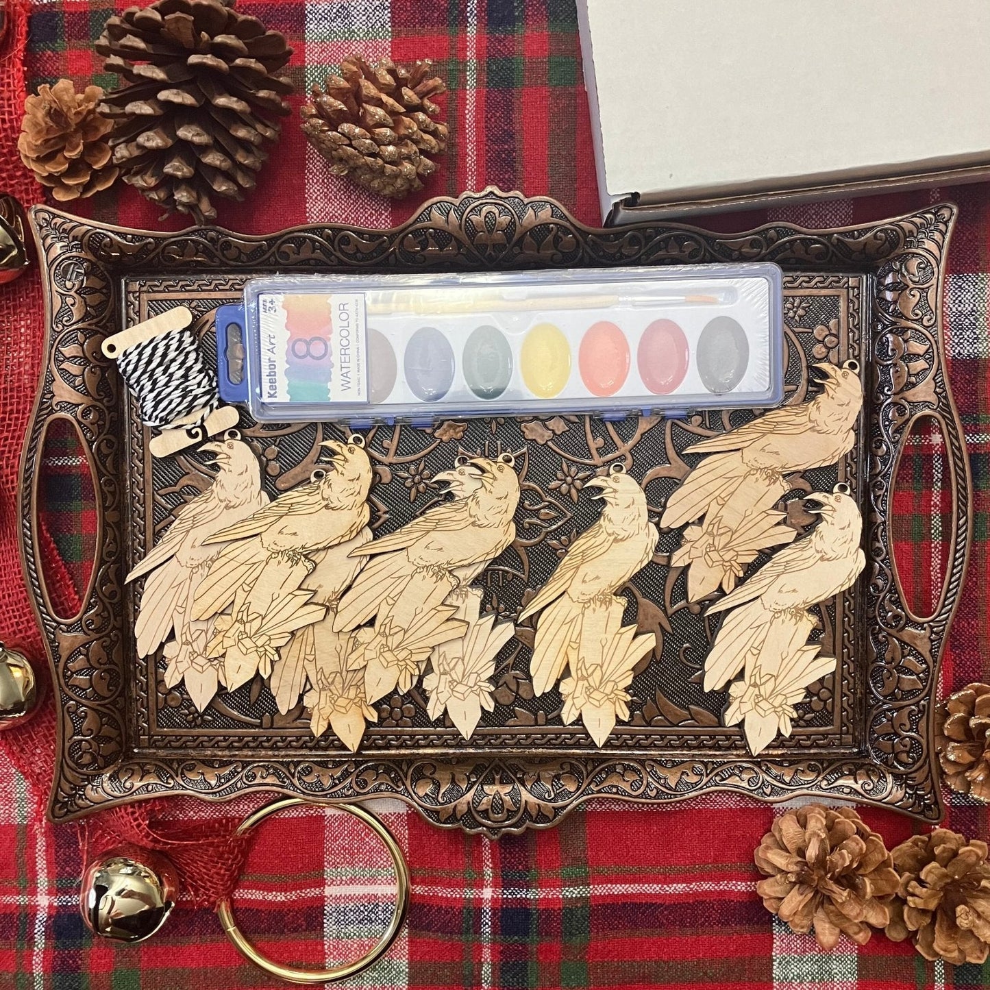 Wood Raven Ornament (Blank / DIY) Raven with a Crystal Shaped Wooden Ornaments Art & Craft Kits Raven King Crafts