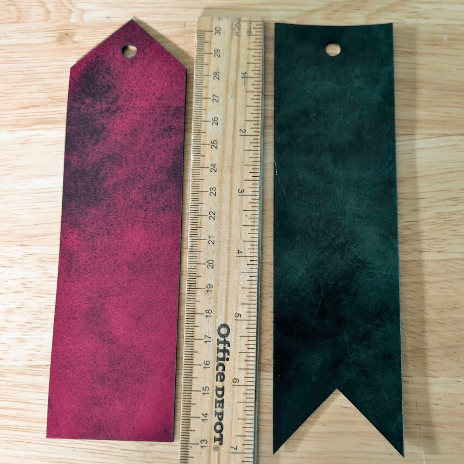 The red and black leather bookmark ne to a ruler. Red or Green Leather Bookmarks with Tassel Bookmarks Raven King Crafts