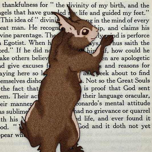 A zoomed in photo of the red squirrel bookmark. Red Squirrel Bookmark - Leather Bookmarks Raven King Crafts