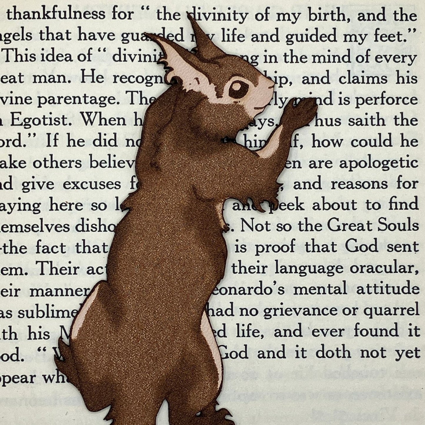 A zoomed in photo of the red squirrel bookmark.