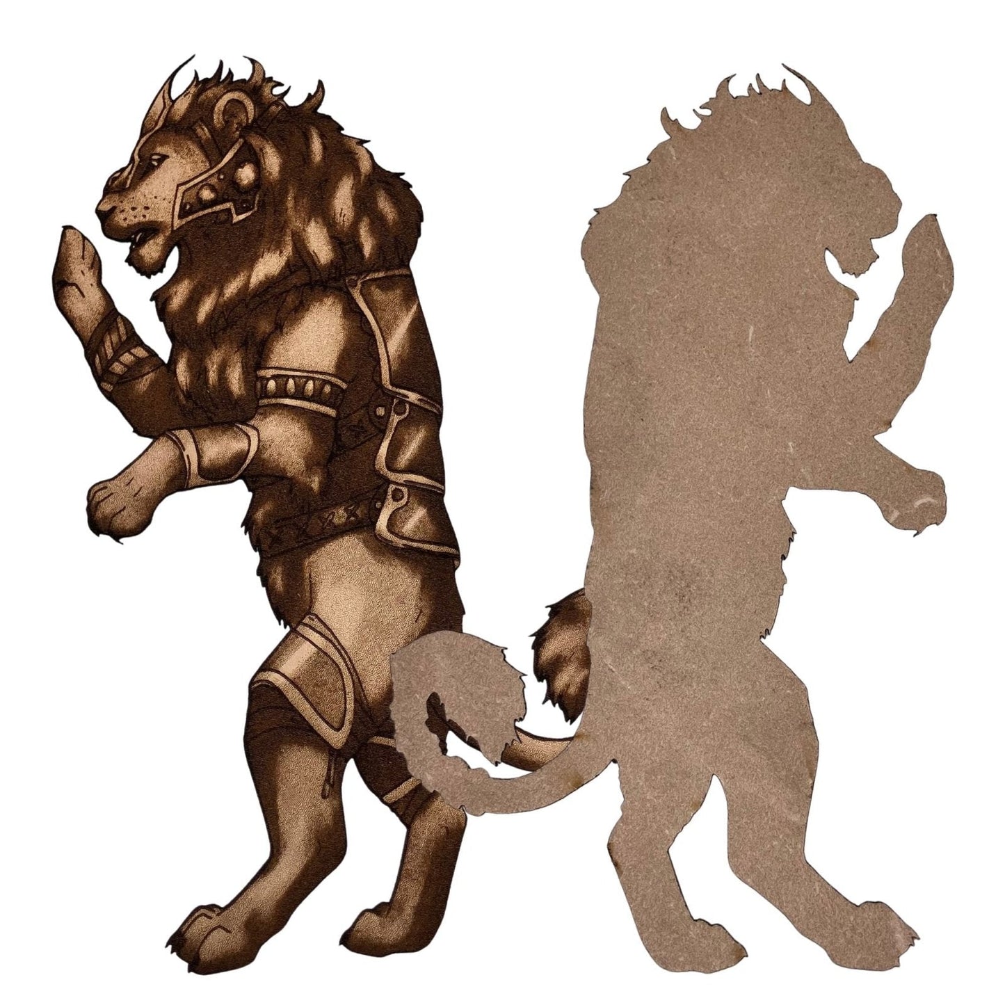 A lion shaped bookmark next to the same style bookmark flipped over to show the unfinished side.