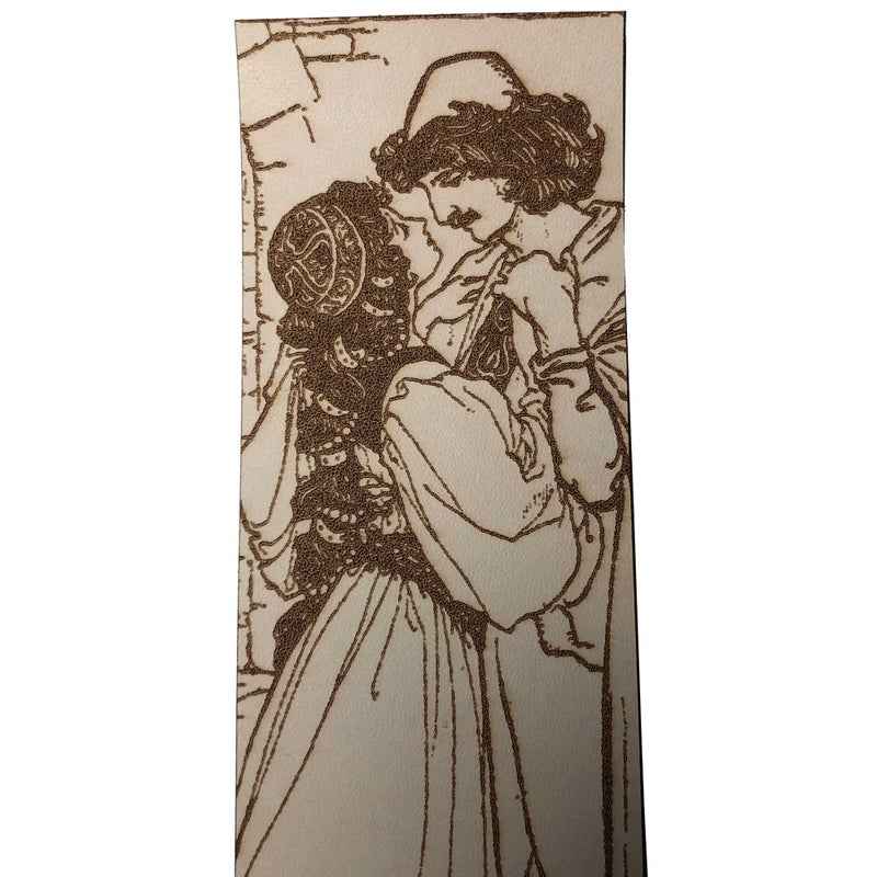A leather bookmark with the antique art of a woman in a dress and her love on it. Romantic Renaissance Couple Bookmark Bookmarks Raven King Crafts