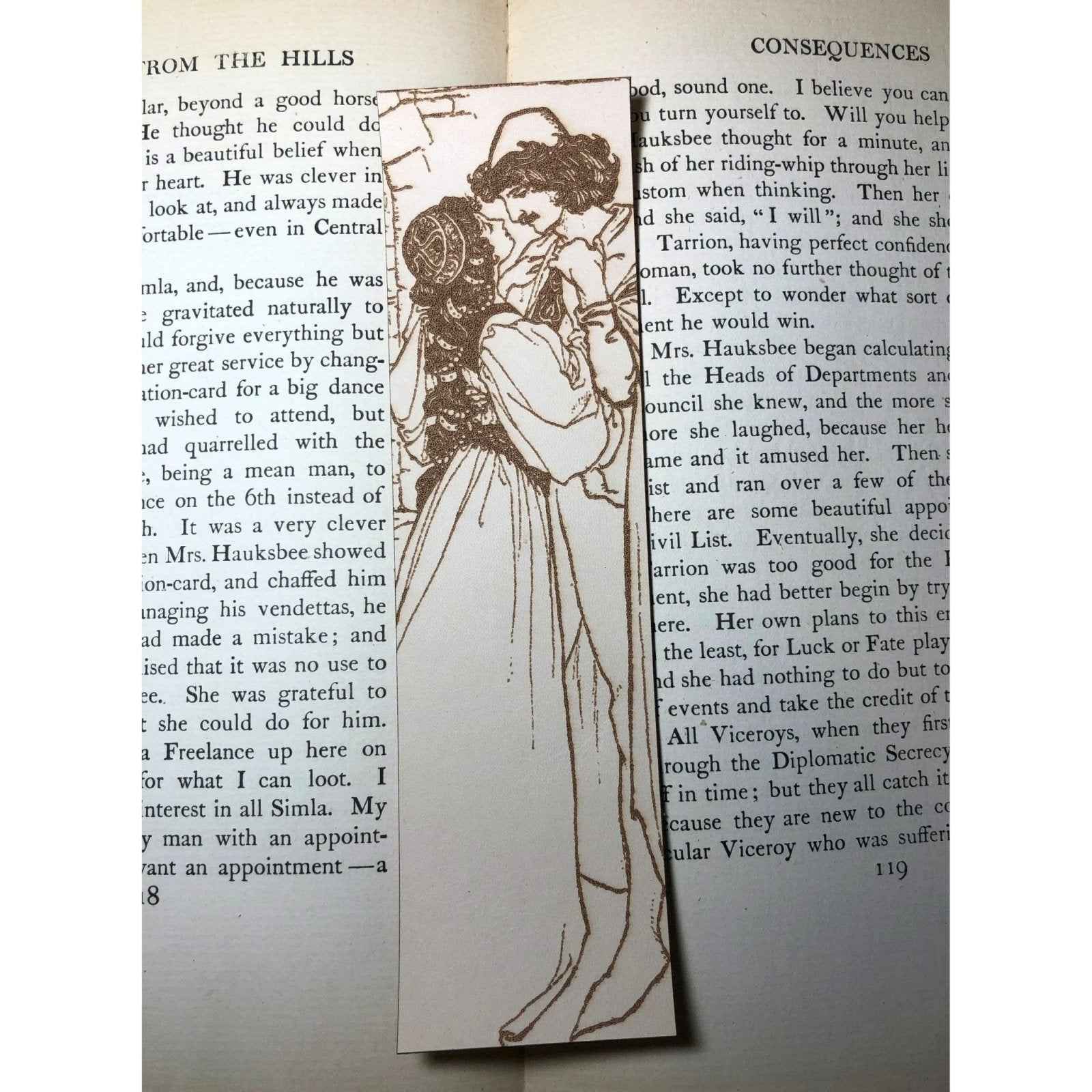 A leather bookmark with the antique art of a Romantic Renaissance Couple on it. Romantic Renaissance Couple Bookmark Bookmarks Raven King Crafts