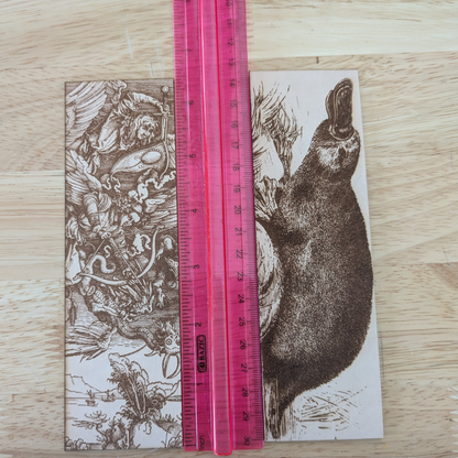 A photograph of the angel vs demon bookmark and the platypus bookmark by a ruler for scale. 