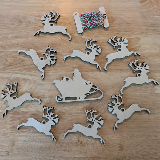 A photograph of the DIY Christmas ornament set with Santa and 9 reindeer. 