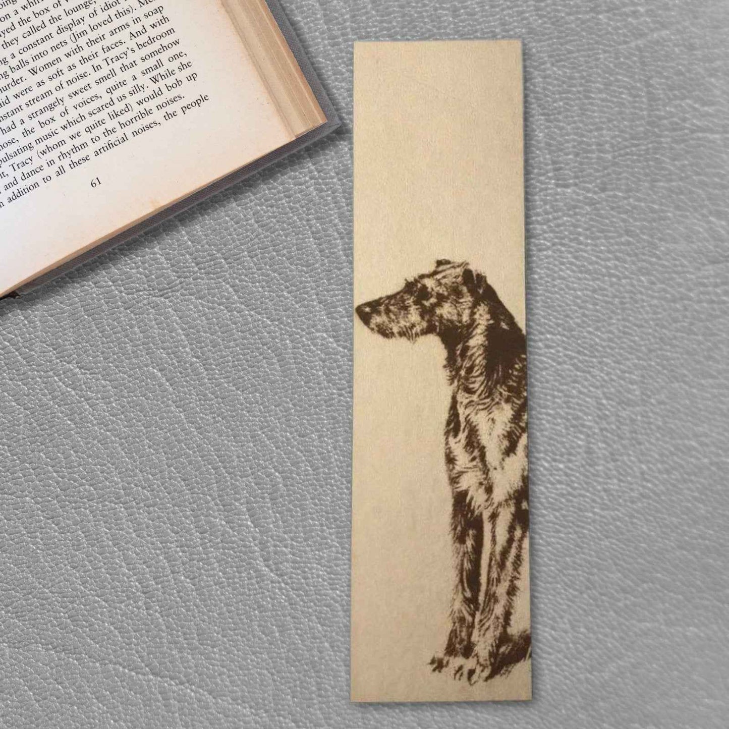 A leather bookmark with the antique art of a Scottish Deerhound dog engraved on it. Scottish Deerhound Bookmark Bookmarks Raven King Crafts