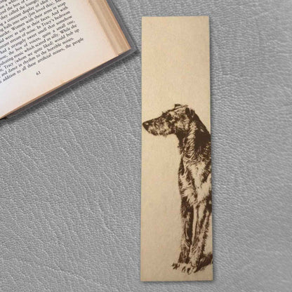 A leather bookmark with the antique art of a Scottish Deerhound dog engraved on it. Scottish Deerhound Bookmark Bookmarks Raven King Crafts