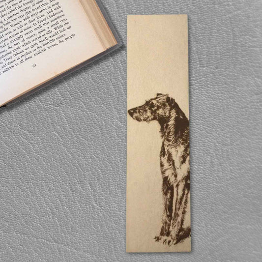 A leather bookmark with the antique art of a Scottish Deerhound dog engraved on it. Scottish Deerhound Bookmark Bookmarks Raven King Crafts