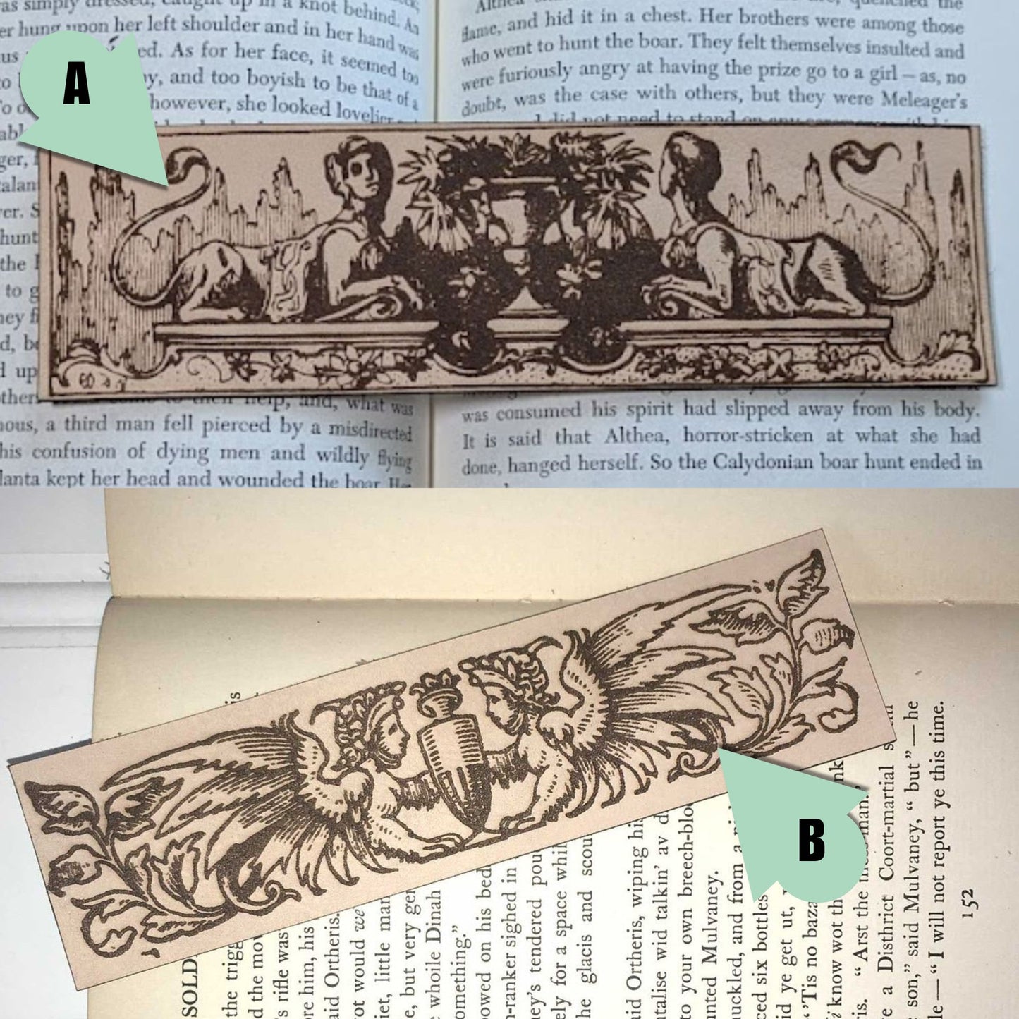 A photo of both sphinx bookmarks. The top sphinx bookmark has 2 sphinxes without wings. The bottom has 2 with wings.