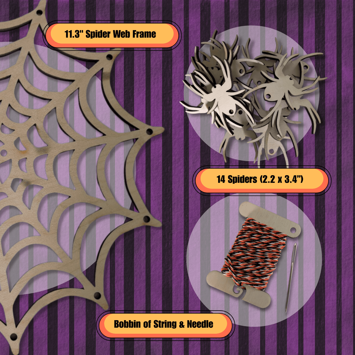 Spider web mobile kit details with infographic backgrounds to help show contents. Spider Web Mobile Kit Art & Craft Kits Raven King Crafts