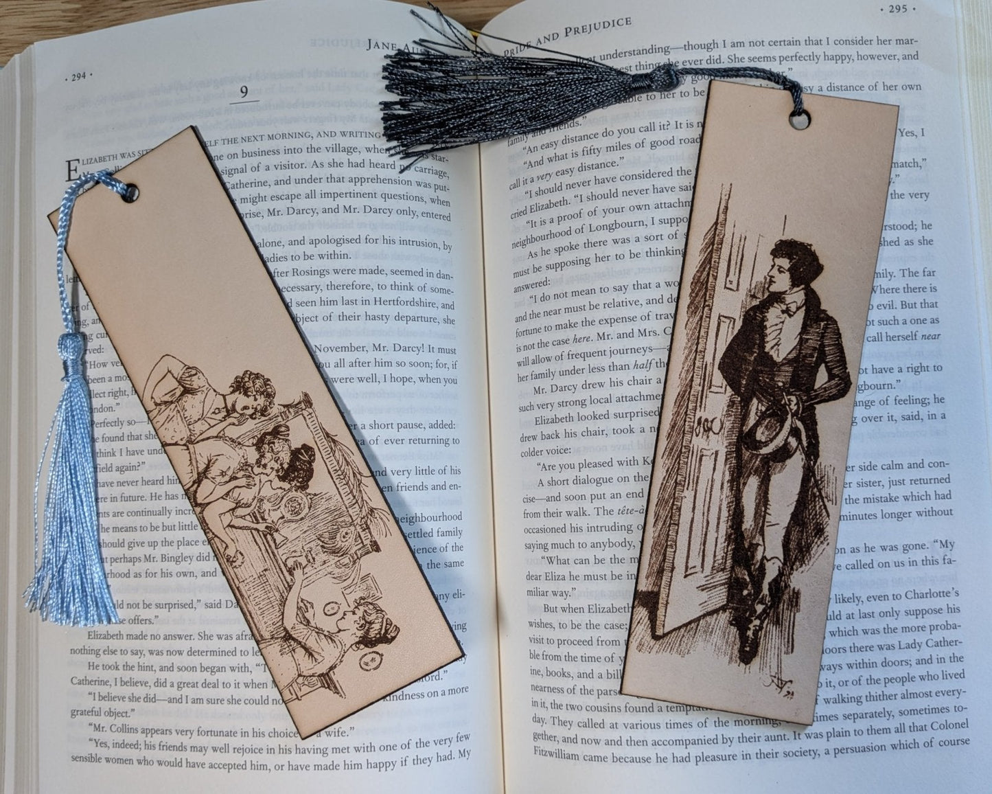 Leather bookmarks of the Bennet sisters on one and Mr. Darcy from Pride and Prejudice on the other. The Bennet Sisters - Pride and Prejudice Leather Bookmark Bookmarks Raven King Crafts