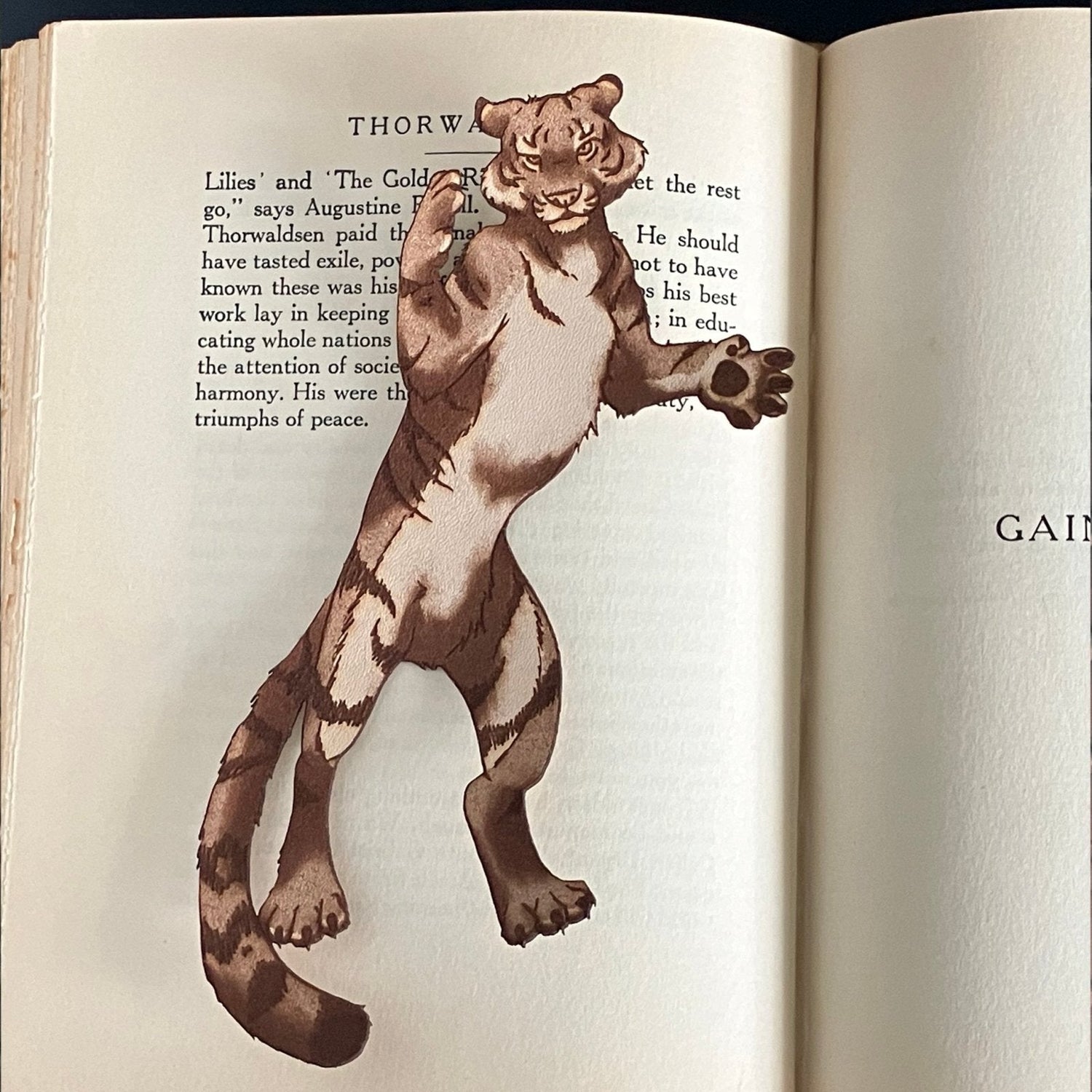 A photograph of exclusive tiger leather bookmark resting on the pages of an open book. Tiger Bookmark - Leather Bookmarks Raven King Crafts