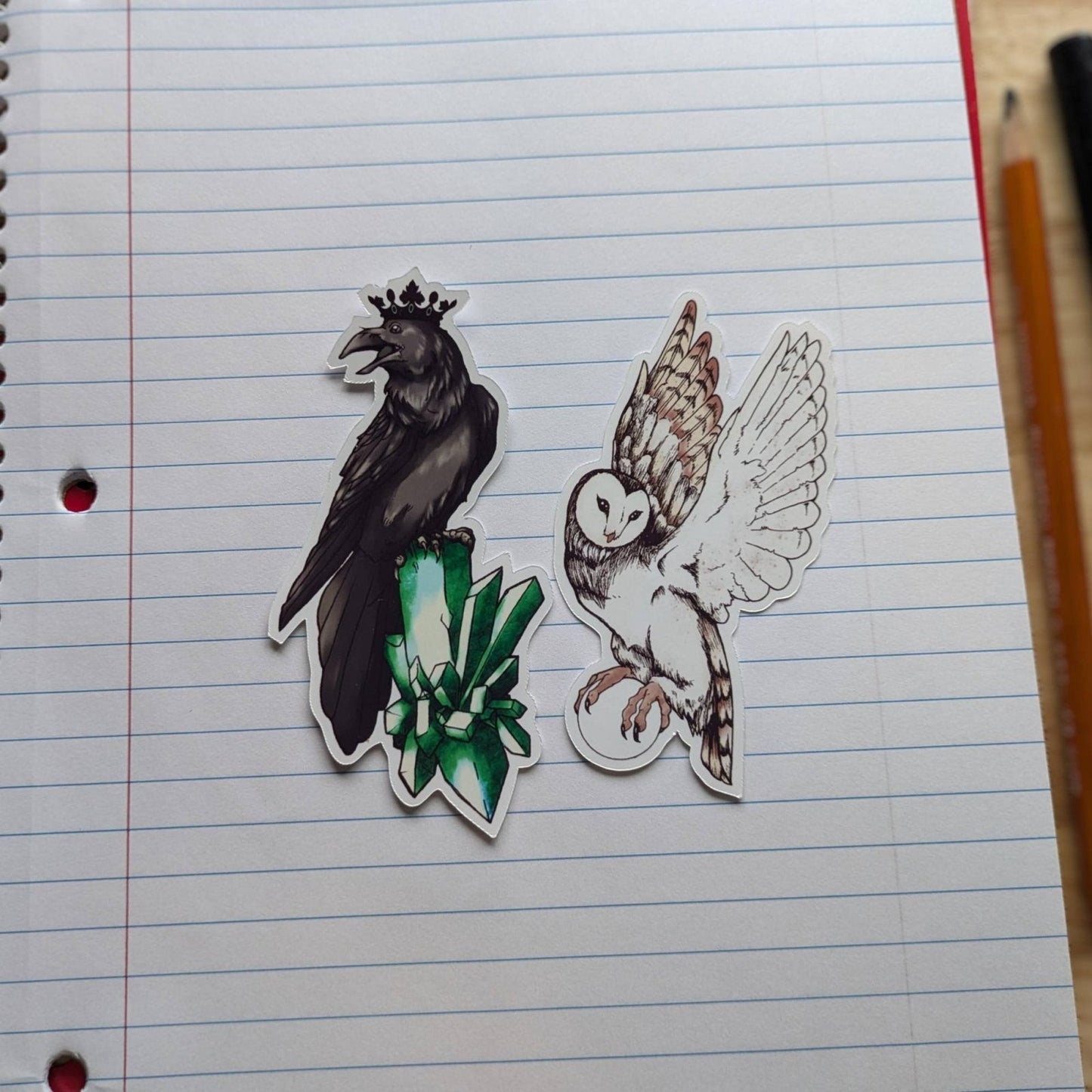 Photograph of the raven resting on a crystal sticker on the left and barn owl on the right. Vinyl Sticker Packs - Pick Your Stickers! stickers Raven King Crafts Vinyl Sticker Packs - Pick Your Stickers! stickers Raven King Crafts
