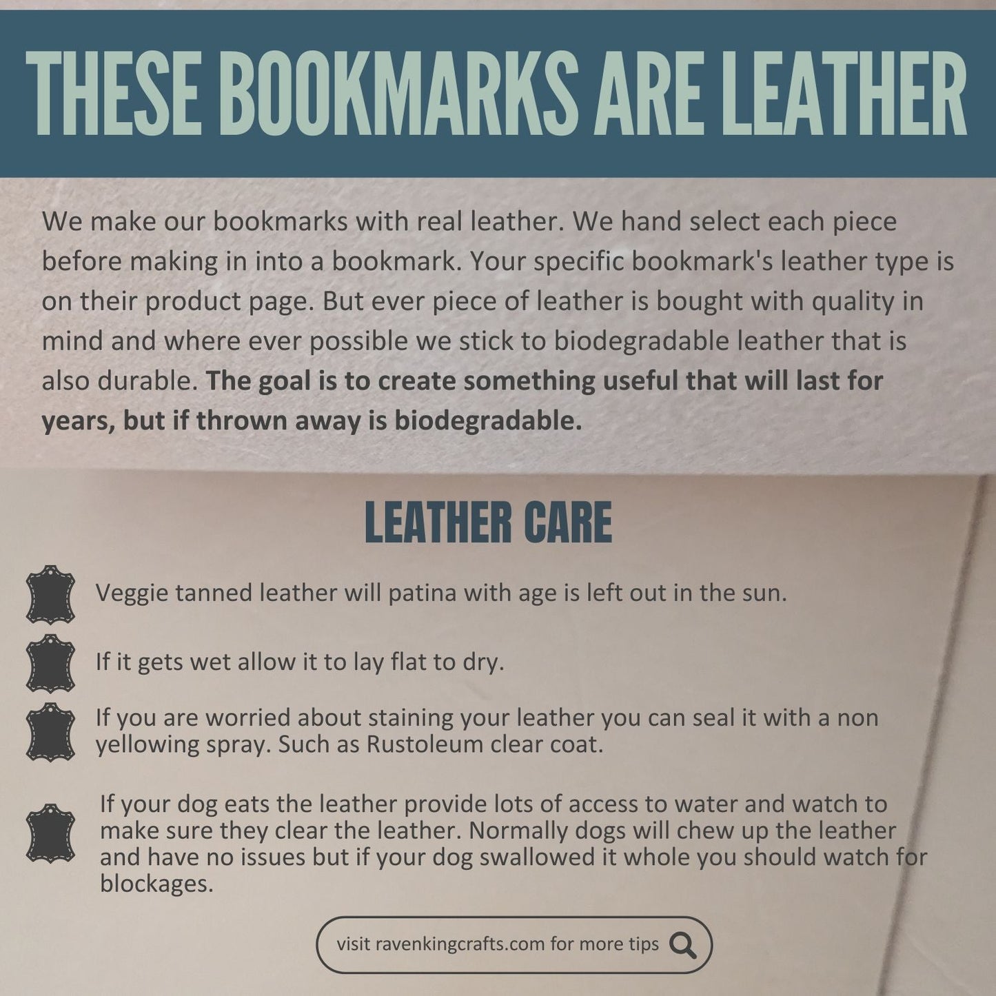 Infographic of leather care for leather bookmarks. Winged Lion Leather Bookmark - Lion of Saint Mark Bookmarks Raven King Crafts