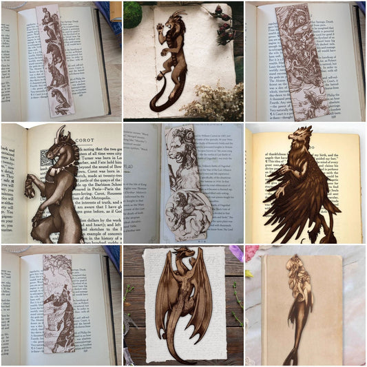 Collage of different mythical beast bookmarks made by Raven King Crafts. Winged Lion Leather Bookmark - Lion of Saint Mark Bookmarks Raven King Crafts
