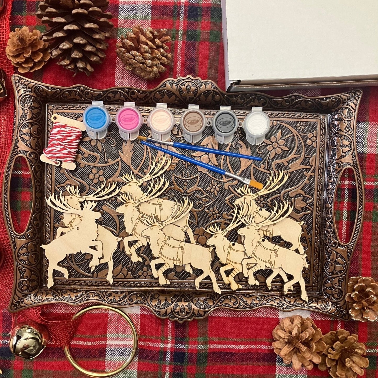 Wooden diy Reindeer ornament kit, 8 reindeer ornaments, paints, brushes and string.