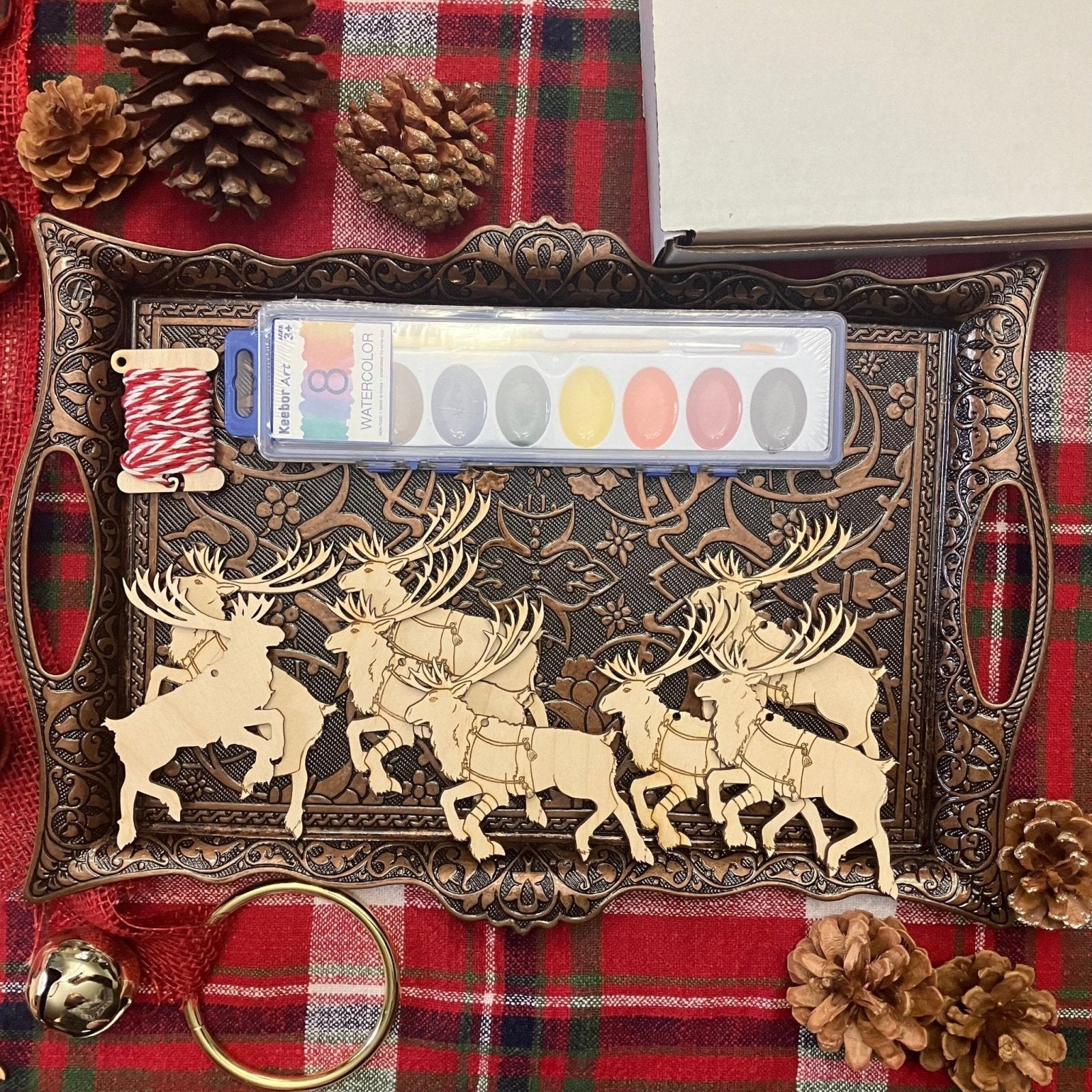 Wooden diy Reindeer ornament kit, 8 reindeer ornaments, watercolors and string.