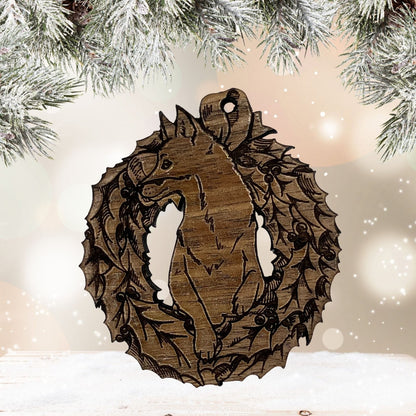 An example of the dark wood variety of the fox ornament. The fox is popping out of the wreath and the wood grain is visible. Wood Fox Ornaments Ornament Raven King Crafts