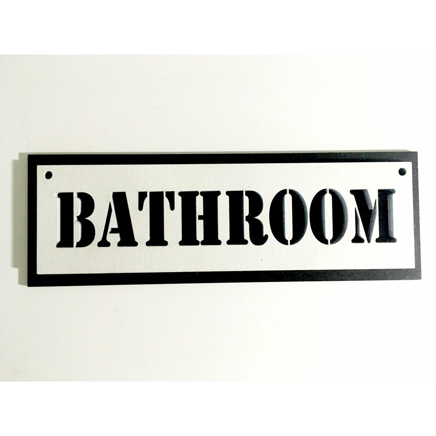 A black and white plywood sign that says bathroom. Wooden Bathroom Sign Signage Raven King Crafts