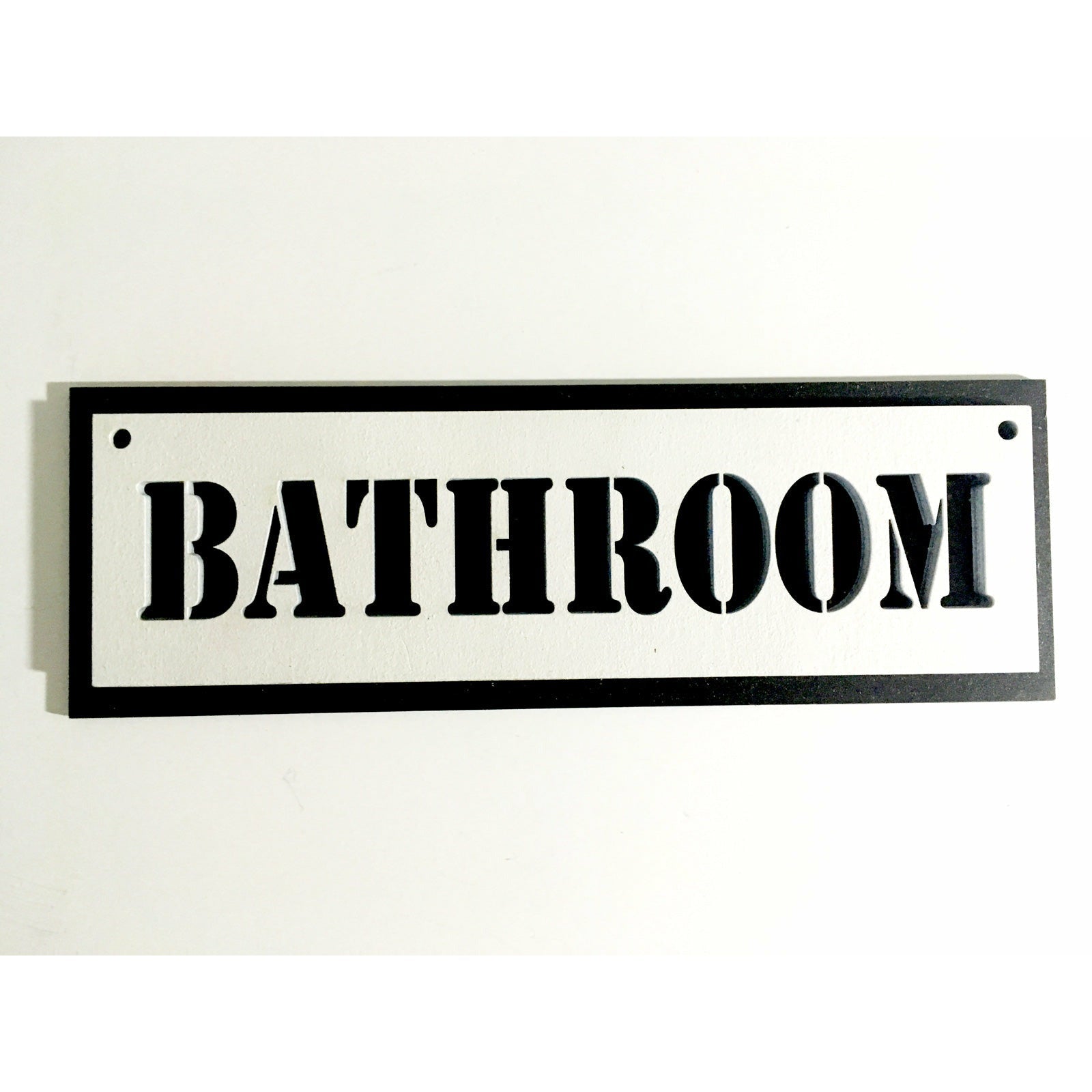 A black and white plywood sign that says bathroom. Wooden Bathroom Sign Signage Raven King Crafts