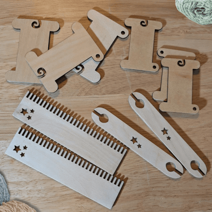 A photograph of some of the wooden weaving supplies we make. Wooden Bobbins / Spools - 3 Packs Art & Crafting Materials Raven King Crafts
