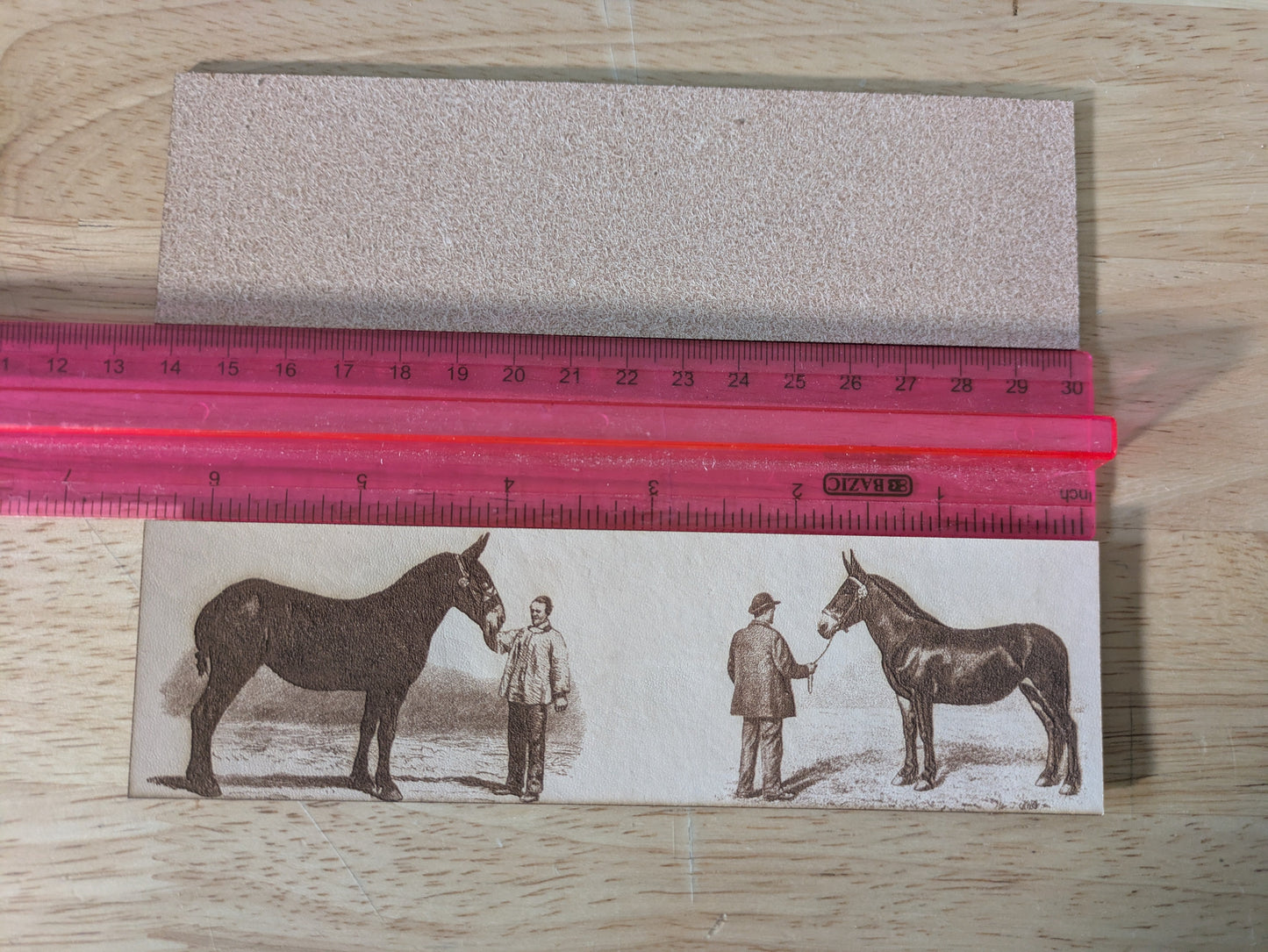 Mule bookmark next to ruler. Working Mules - Leather Bookmark Bookmarks Raven King Crafts
